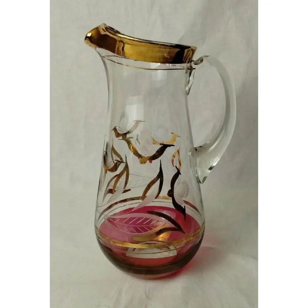 Vintage Glass Pitcher and Two Glasses - Etched - Cracked - Display Only